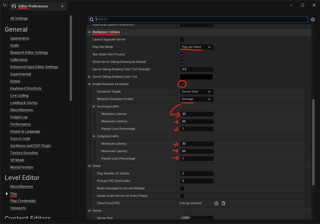 Settings for simulating latency and package loss